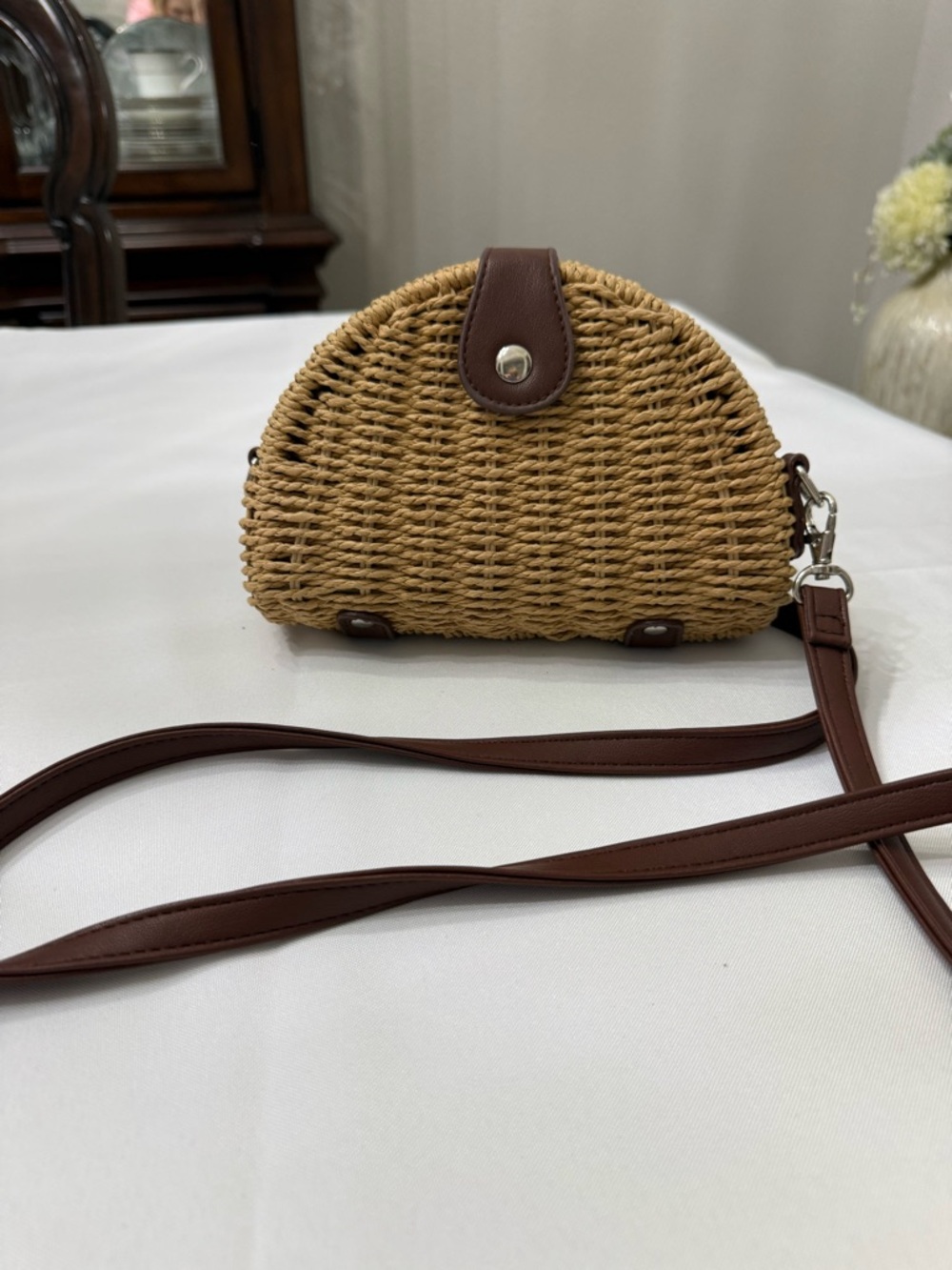 White House Black Market Woven Straw Crossbody Bag with Brown leather Trim